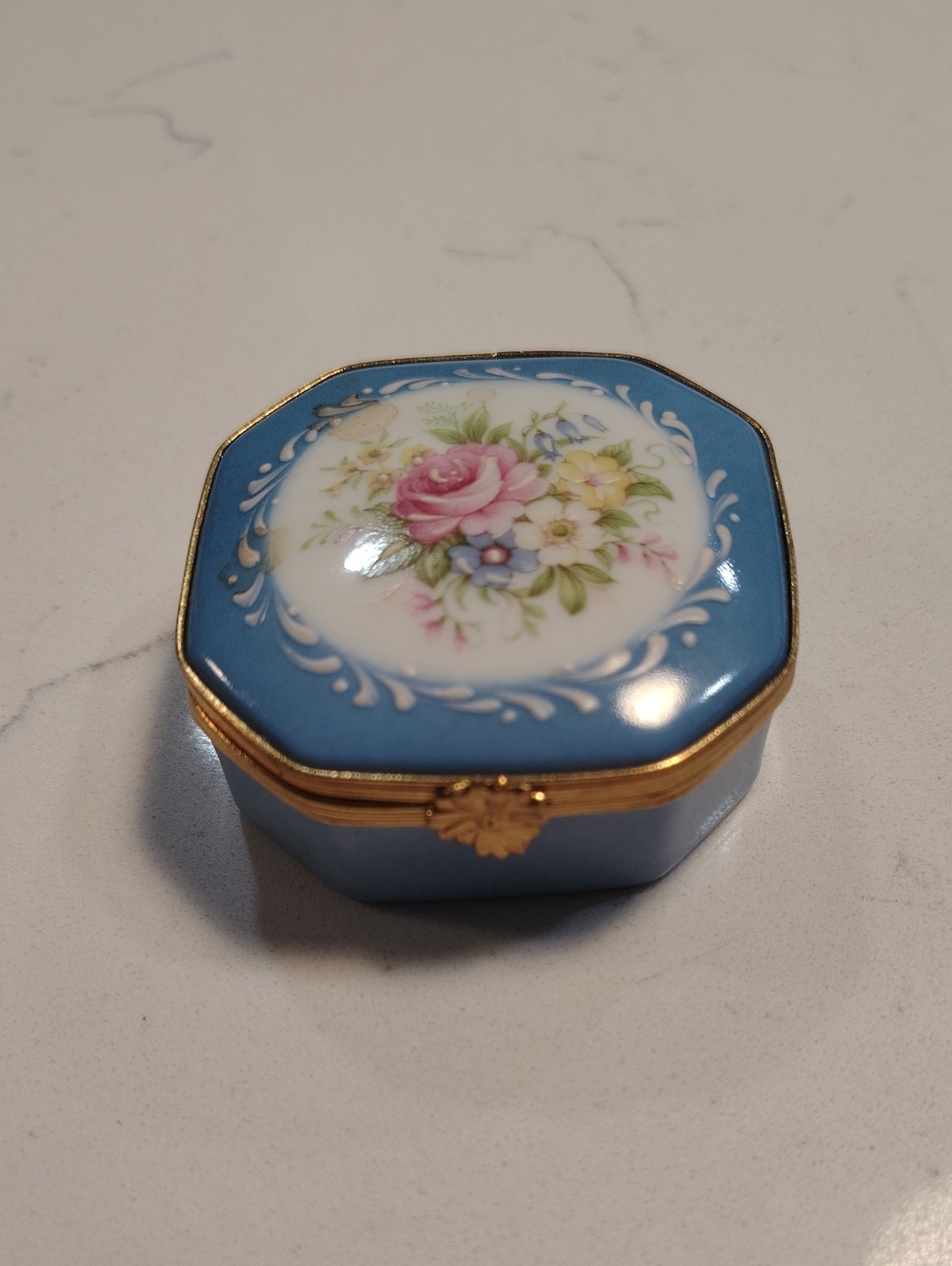 Limoges Blue Porcelain Floral Trinket Box